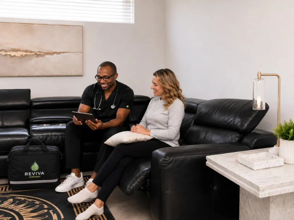 Reviva Wellness nurse discussing a mobile appointment with a client at home in Perth