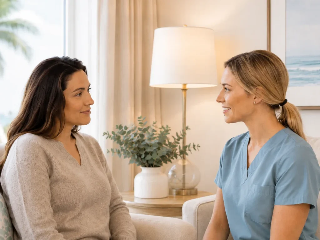 A nurse discussing a mobile IV appointment with a client in a Perth home
